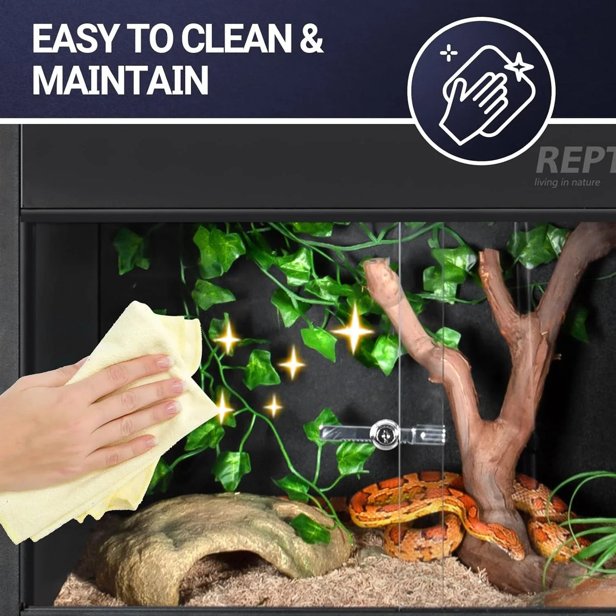 Hand cleaning glass reptile terrarium with snake, artificial plants, and easy maintenance icon