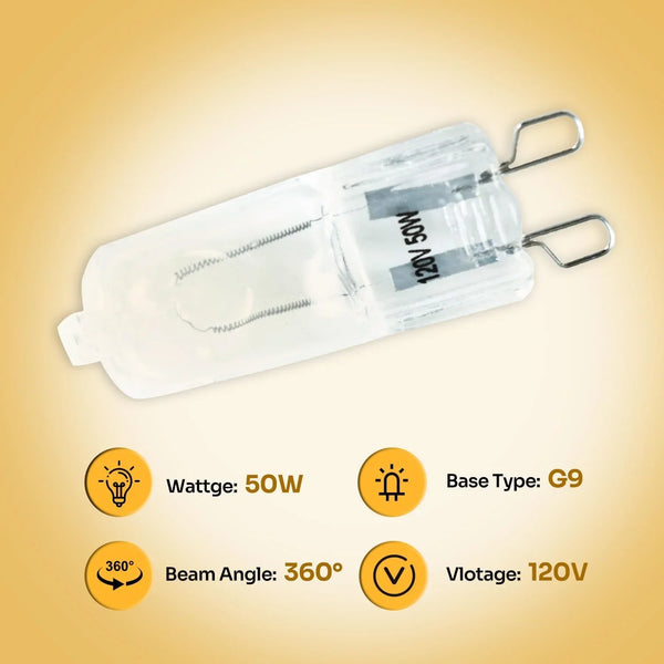 G9 base 50W 120V halogen bulb for reptile terrarium, 360-degree beam angle, clear glass
