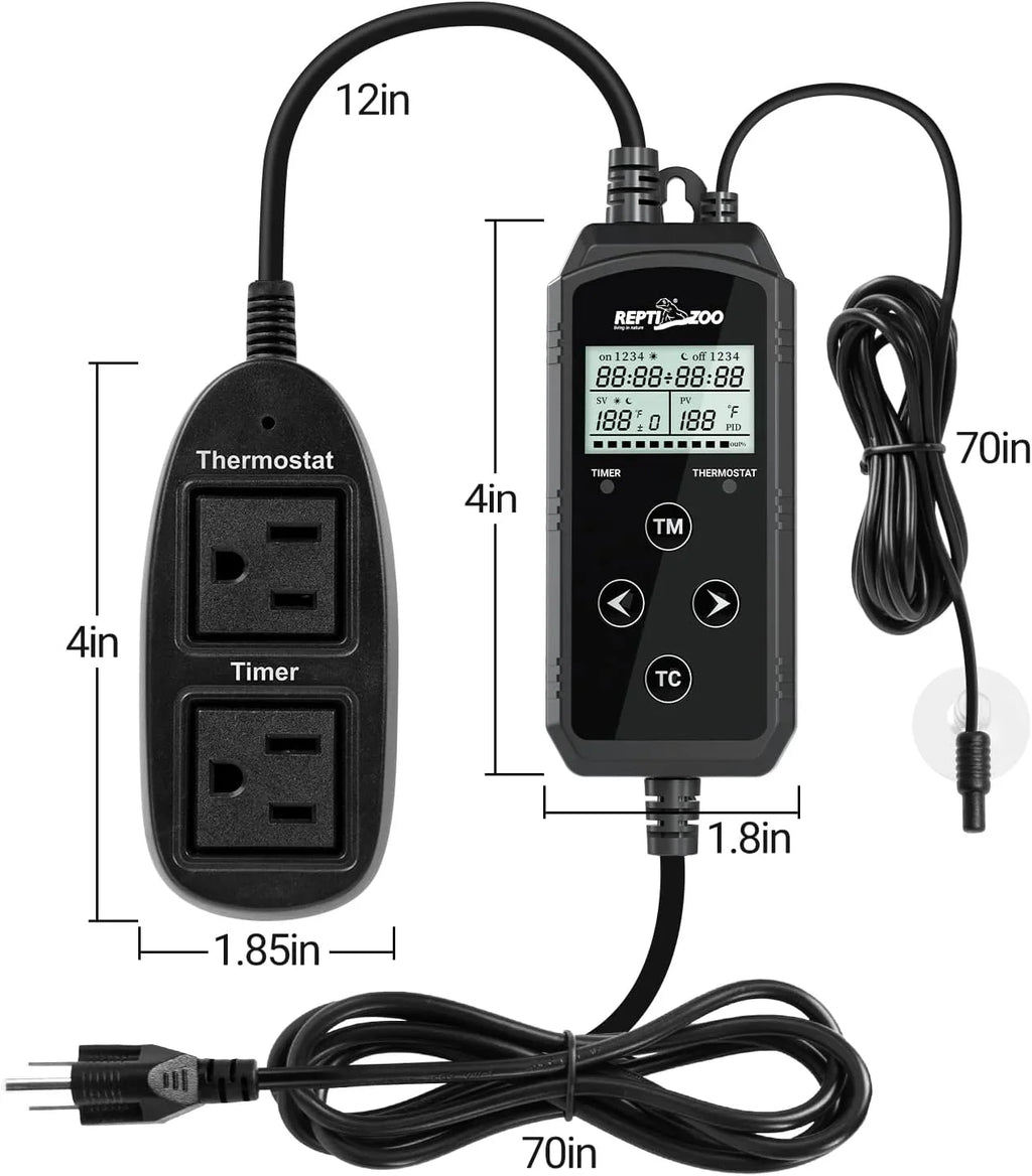 Digital reptile thermostat and timer controller with LCD display, power outlets, and cable length measurements, ideal for terrarium heating setup.