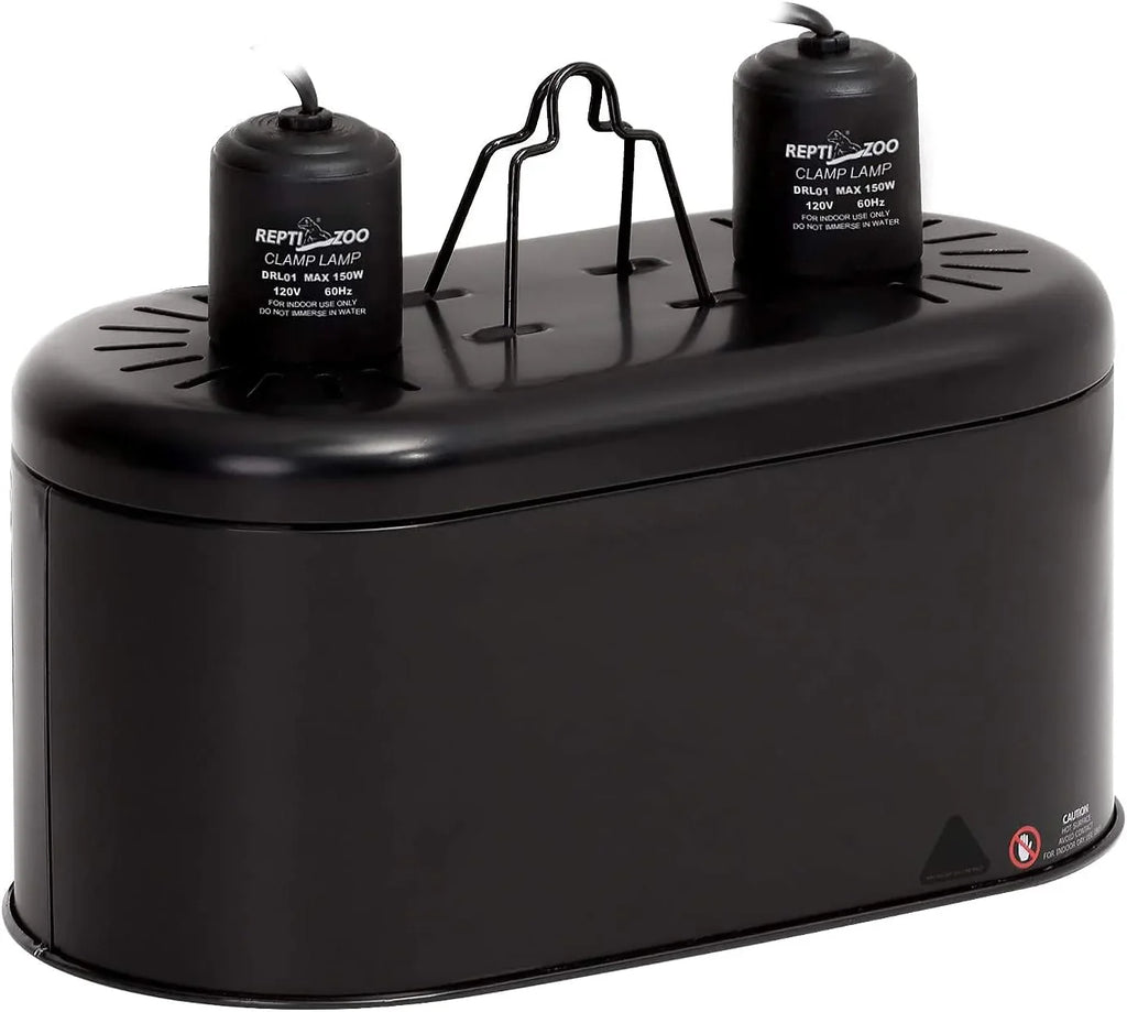 Black dual reptile lamp fixture for terrariums with two clamp light sockets on top.