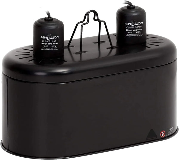 Black dual reptile lamp fixture for terrariums with two clamp light sockets on top.