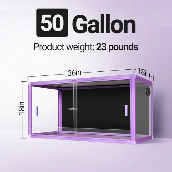 50 gallon glass reptile terrarium with purple frame, 36x18x18 inches, front sliding doors.