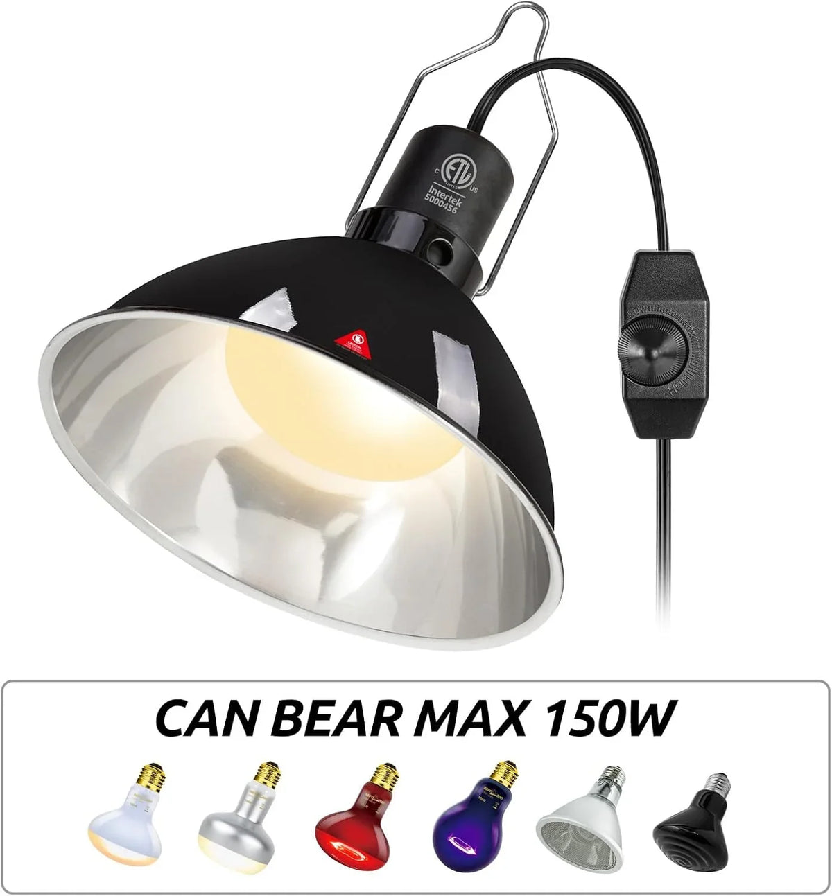 Reptile heat lamp fixture with clamp, dimmer switch, and multiple bulb compatibility, max 150W