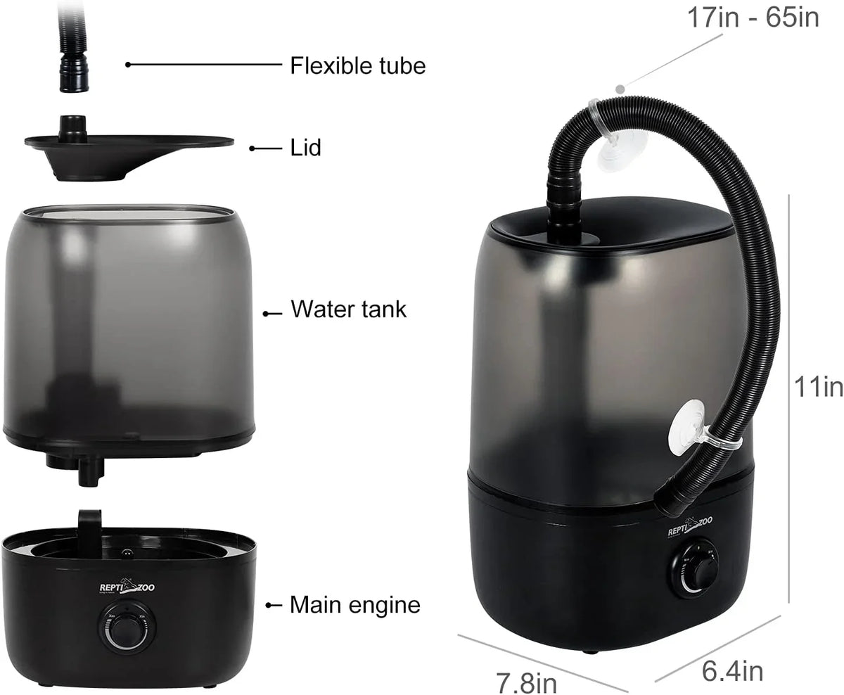 Reptile terrarium humidifier with labeled parts, flexible tube, adjustable water tank, and main engine