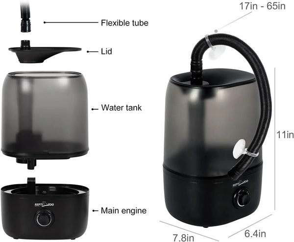 Reptile terrarium humidifier with labeled parts, flexible tube, adjustable water tank, and main engine