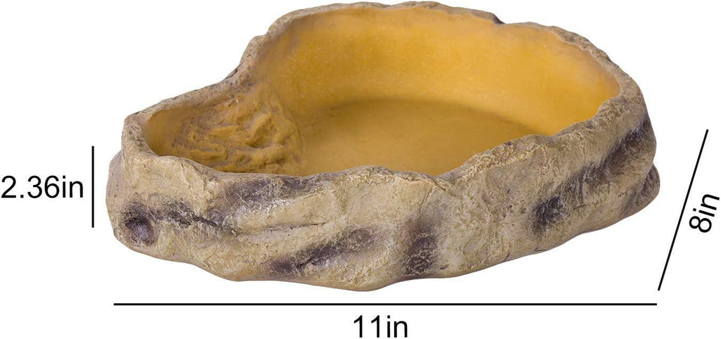 Natural-looking reptile water dish with rock texture, 11x8x2.36 inches, for terrariums