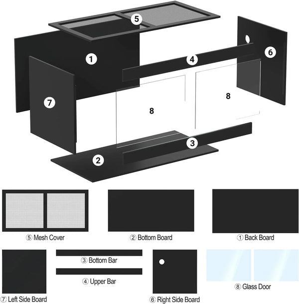 Exploded view of reptile terrarium assembly showing glass doors, mesh cover, and side panels.