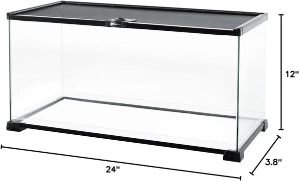 Glass reptile terrarium with mesh lid, measuring 24 x 12 x 3.8 inches.