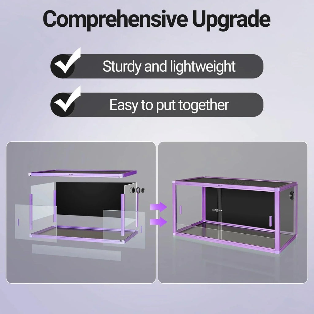Upgraded purple reptile terrarium, sturdy, lightweight, easy assembly, glass panels shown
