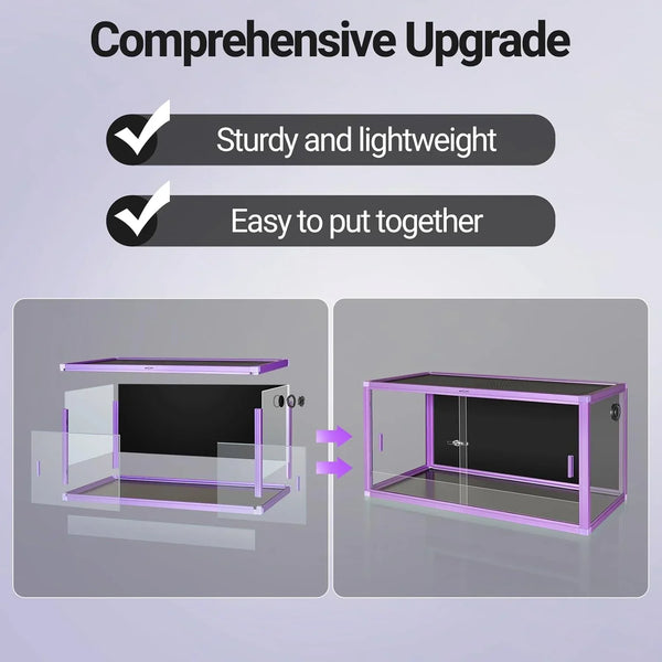 Upgraded purple reptile terrarium, sturdy, lightweight, easy assembly, glass panels shown