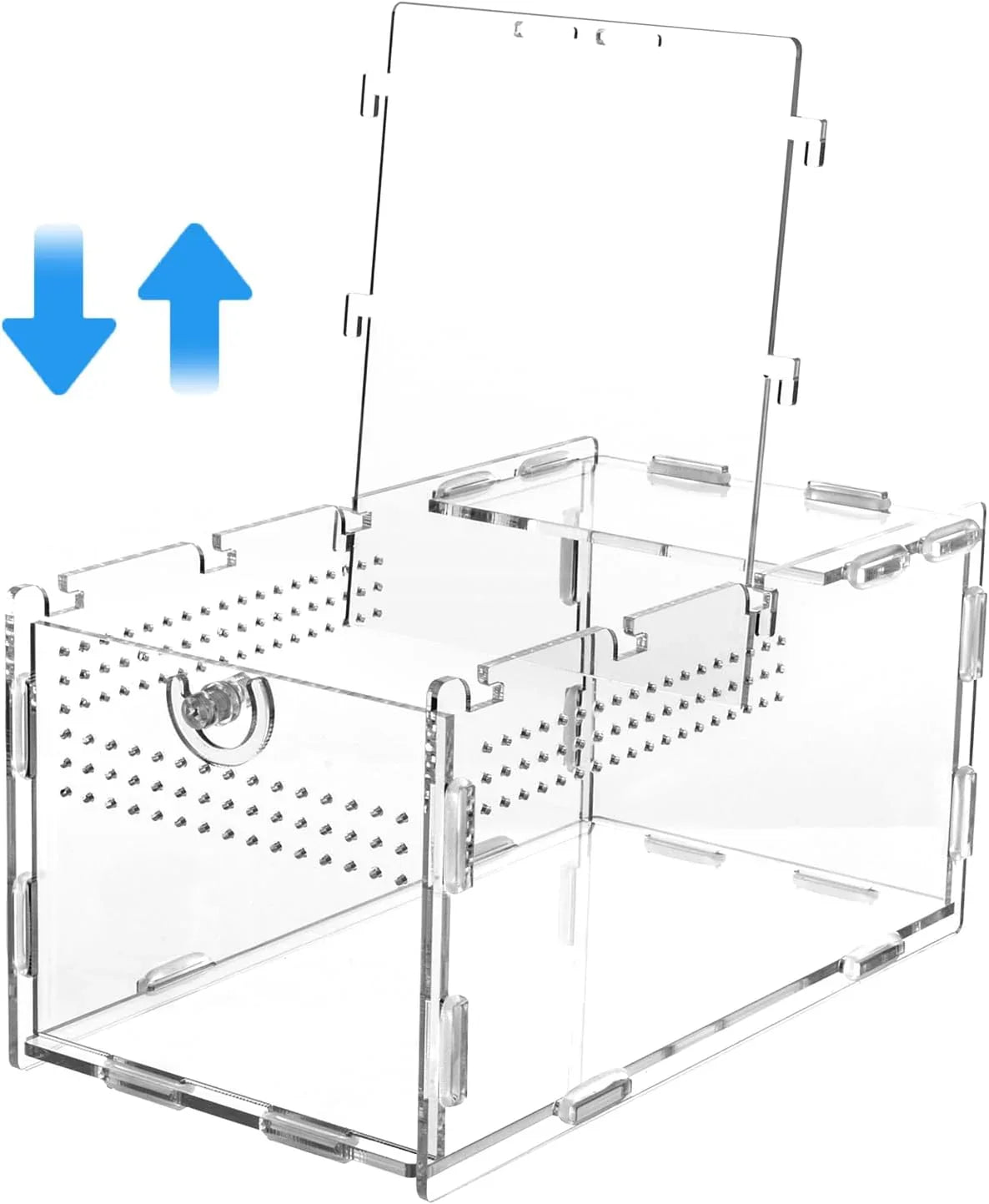 Clear acrylic reptile terrarium with ventilation holes and top-opening lid, suitable for small reptiles. Main image
