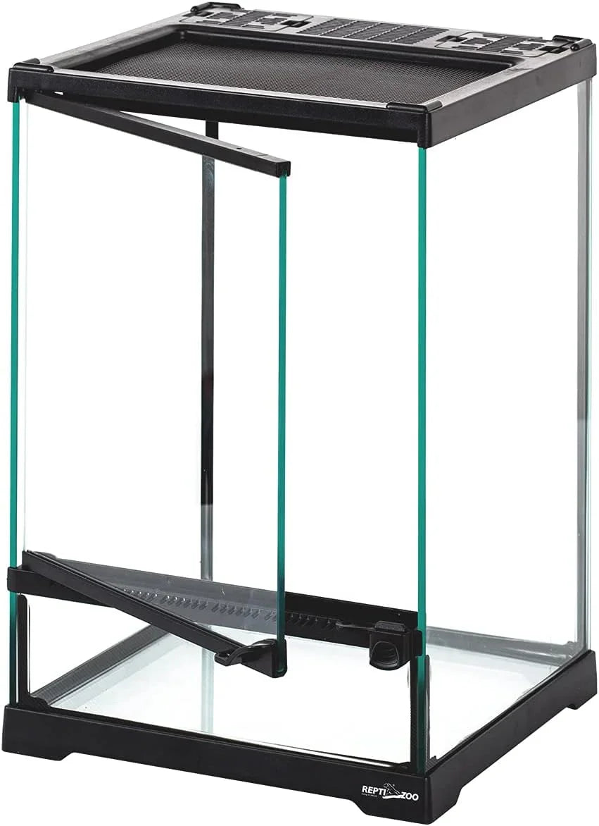 Glass reptile terrarium with front opening doors and mesh top, ideal for small reptiles. Main image