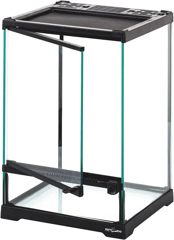 Glass reptile terrarium with front opening doors and mesh top for ventilation