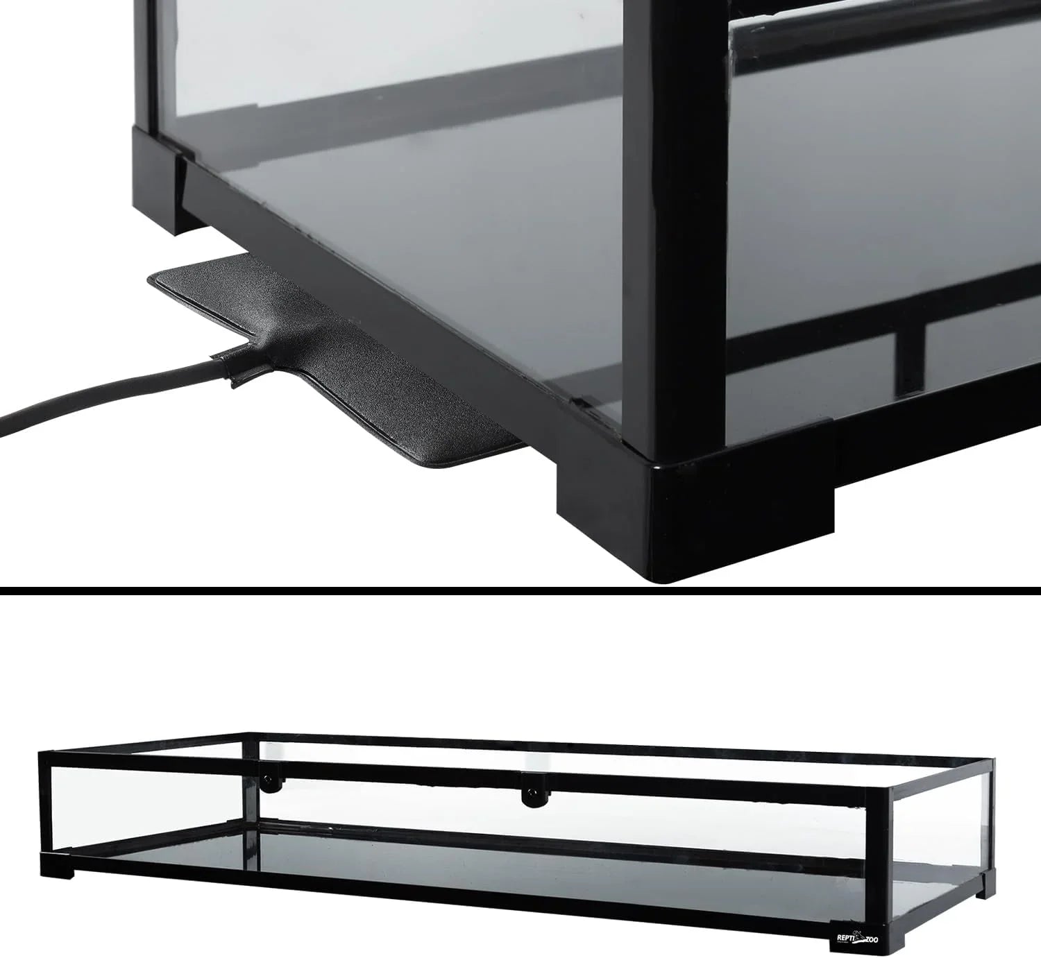 Glass reptile terrarium with black frame and under-tank heating pad installed