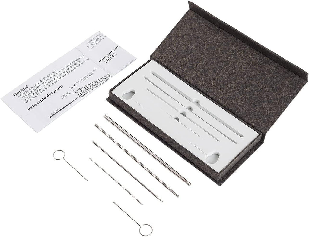 Reptile shedding aid kit with five metal rods, instruction card, and storage box for terrarium maintenance