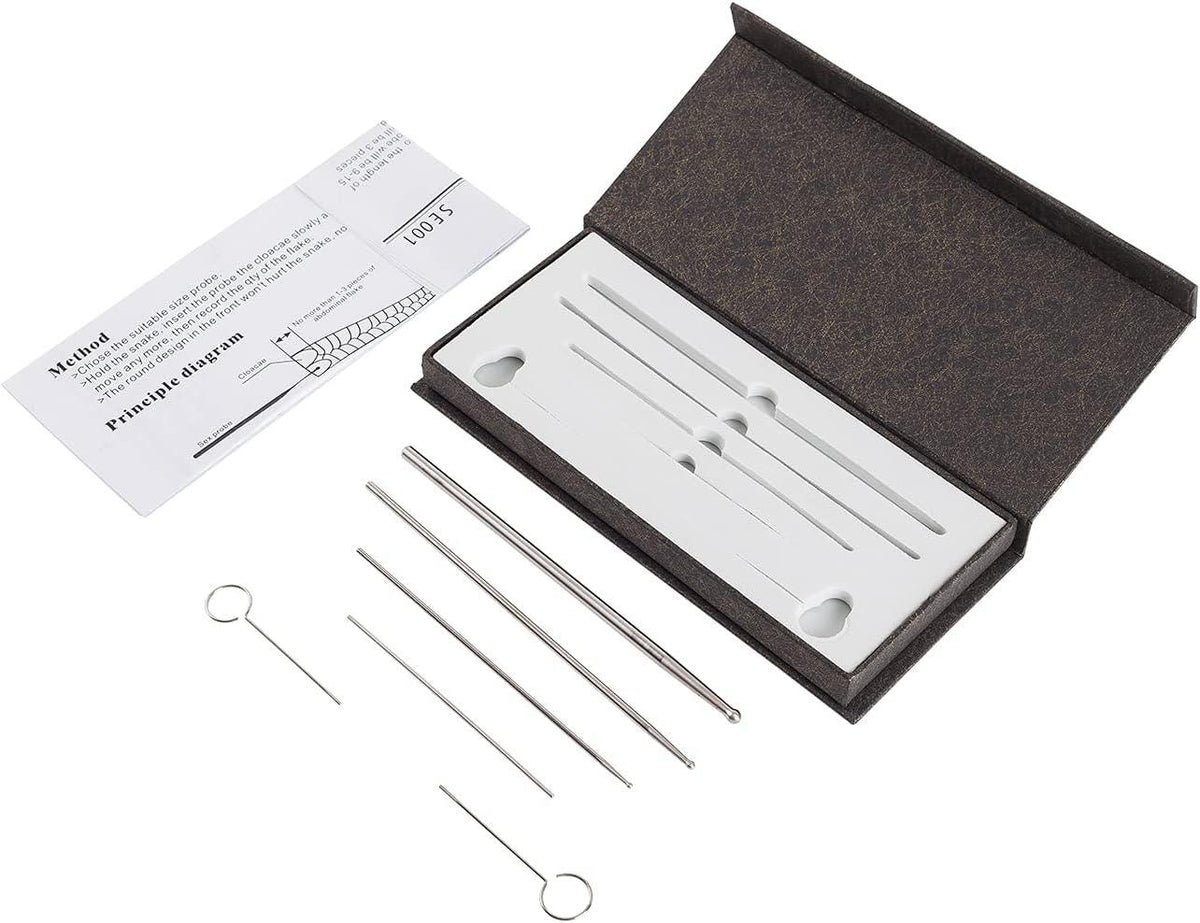 Reptile shedding aid kit with five metal rods, instruction card, and storage box for terrarium maintenance