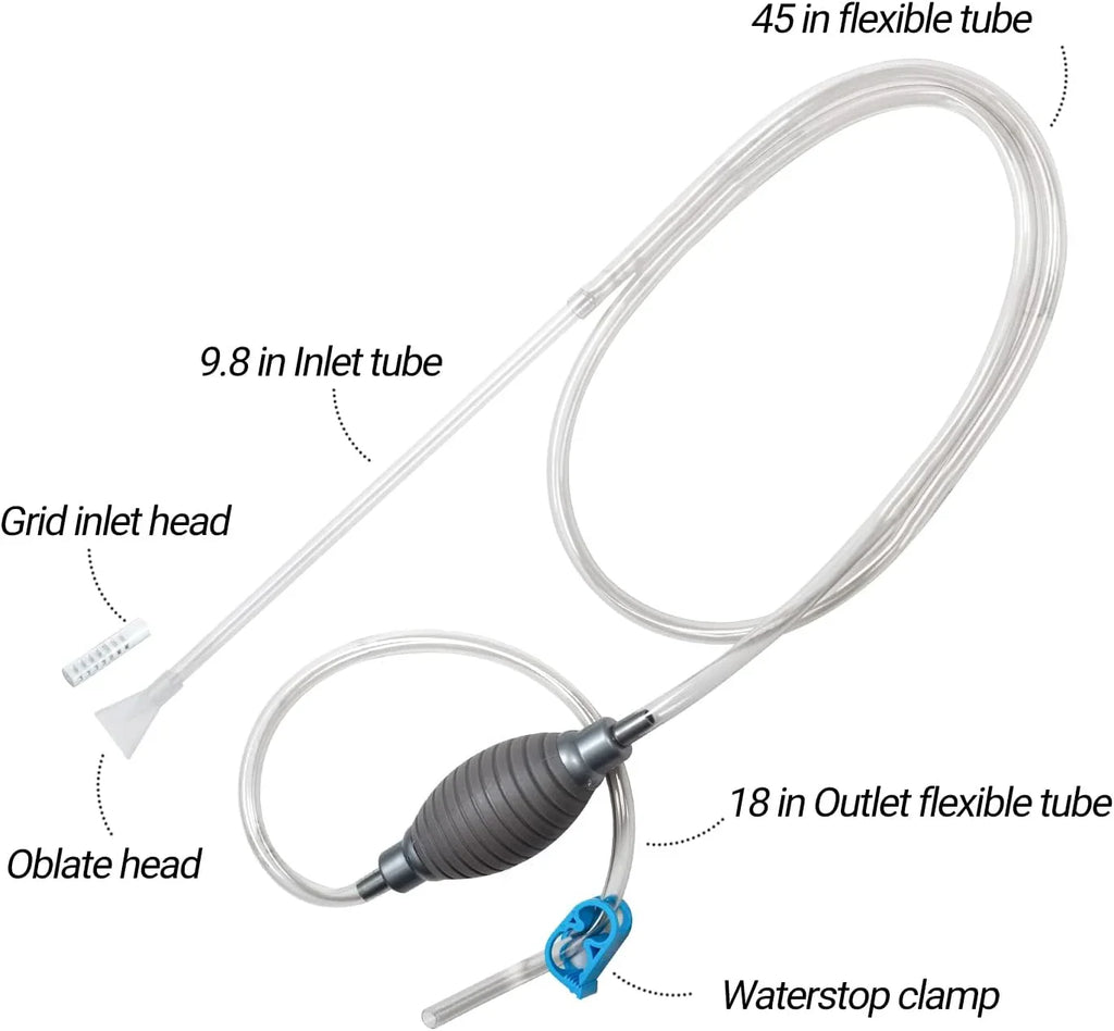 Reptile terrarium cleaning siphon with inlet and outlet tubes, waterstop clamp, grid and oblate heads