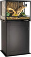 Glass reptile terrarium with front-opening doors, natural decor, and a black storage stand