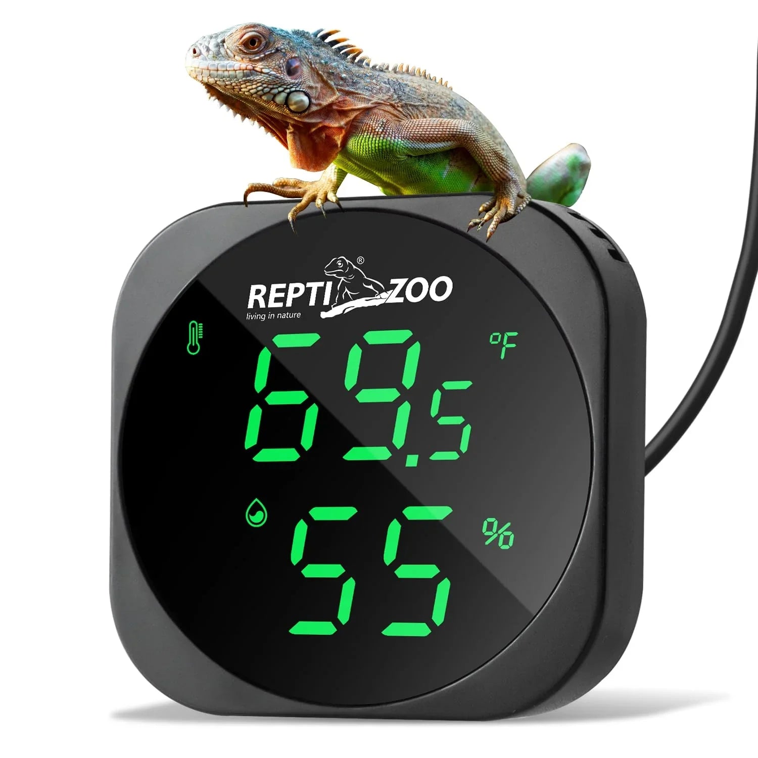 Digital reptile thermometer hygrometer with green display and lizard on top Main image