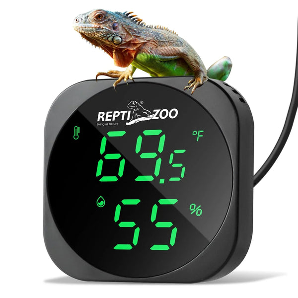 Digital reptile thermometer hygrometer with green display and lizard on top