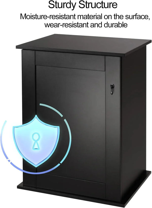 Black reptile terrarium stand with moisture-resistant, durable cabinet and secure door lock