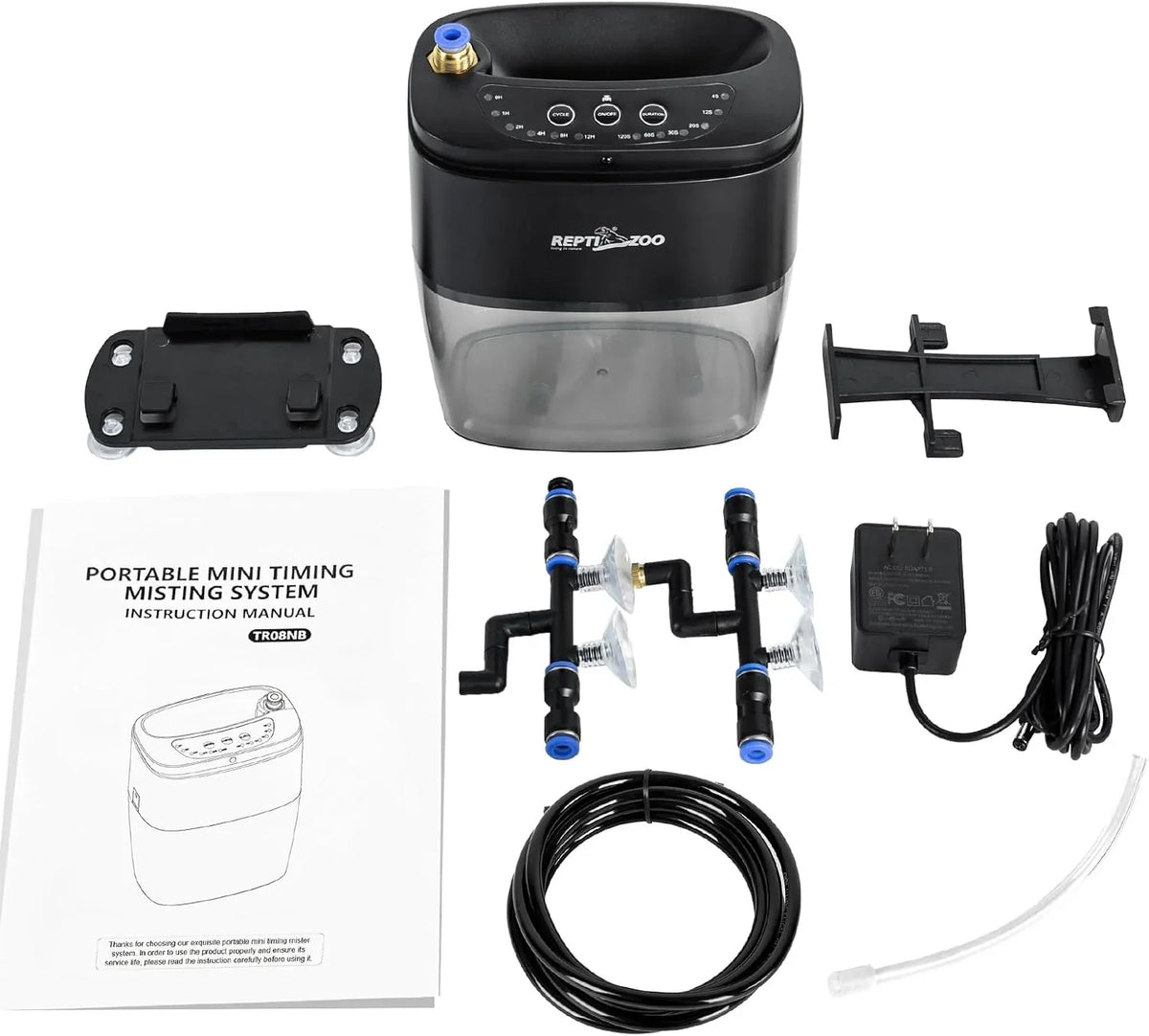 Reptile terrarium misting system with timer, tubing, connectors, power adapter, and accessories