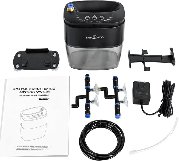 Reptile terrarium misting system with timer, tubing, connectors, power adapter, and accessories