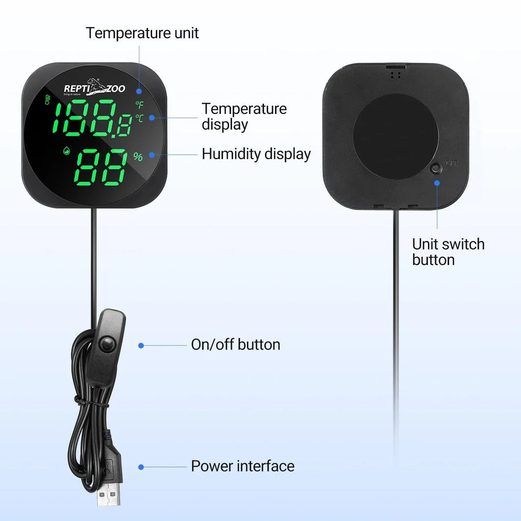 Digital reptile thermometer and hygrometer with LED display, USB power, and labeled features.