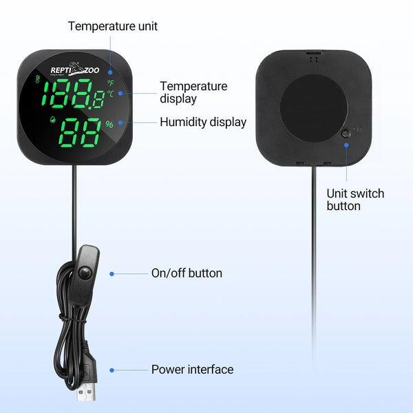 Digital reptile thermometer and hygrometer with LED display, USB power, and labeled features.