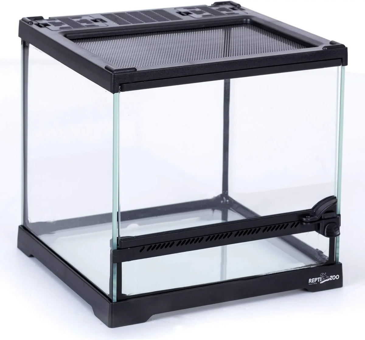 Glass reptile terrarium with mesh top and secure front lock, ideal for small reptiles.