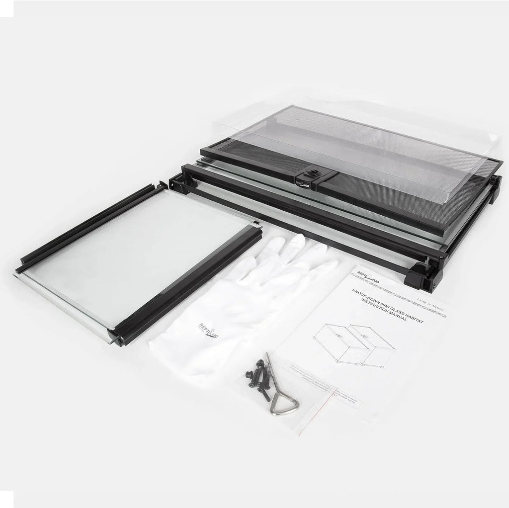 Glass reptile terrarium kit with screen lid, metal parts, gloves, and instruction manual