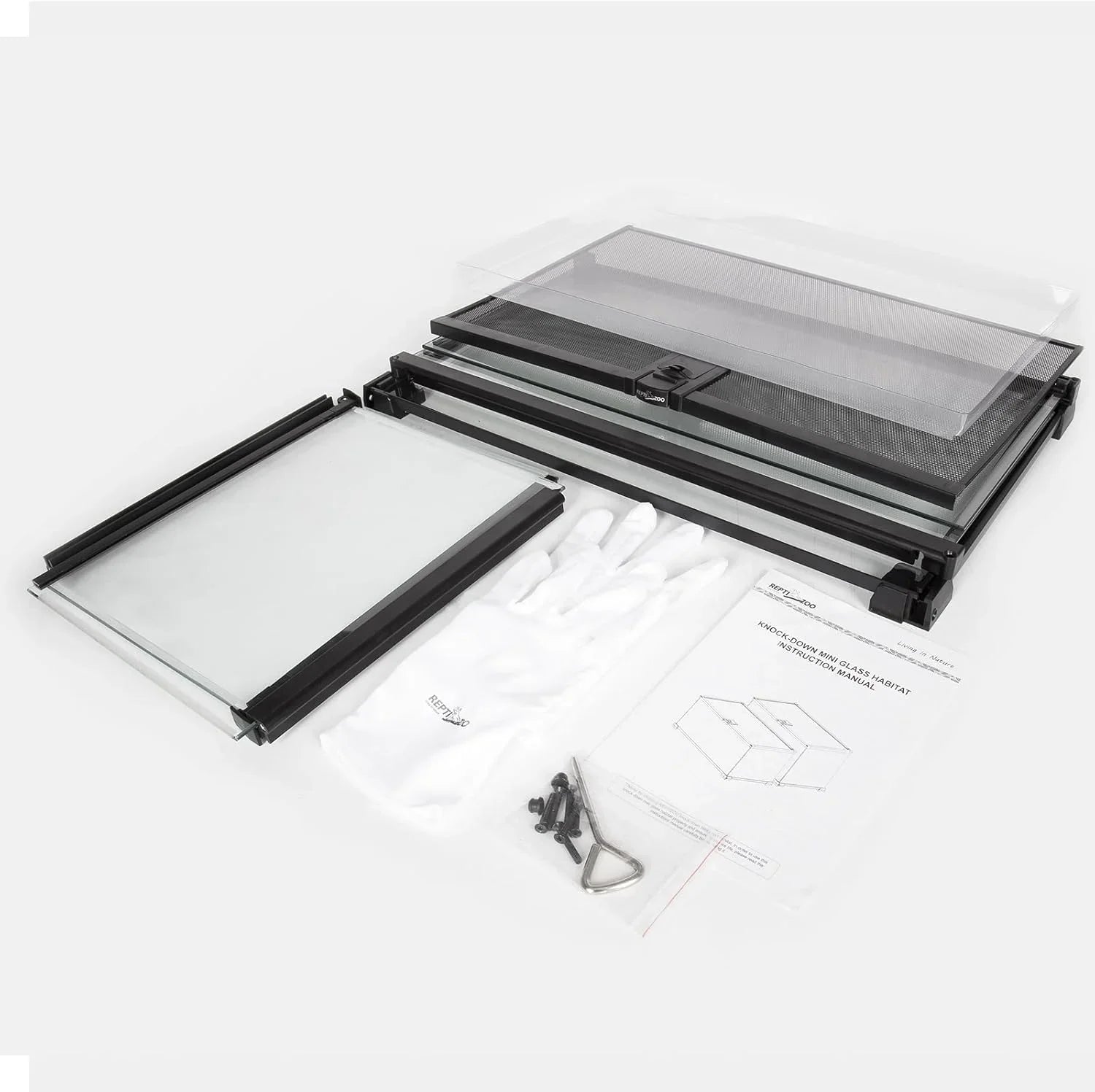 Glass reptile terrarium kit with screen lid, metal parts, gloves, and instruction manual