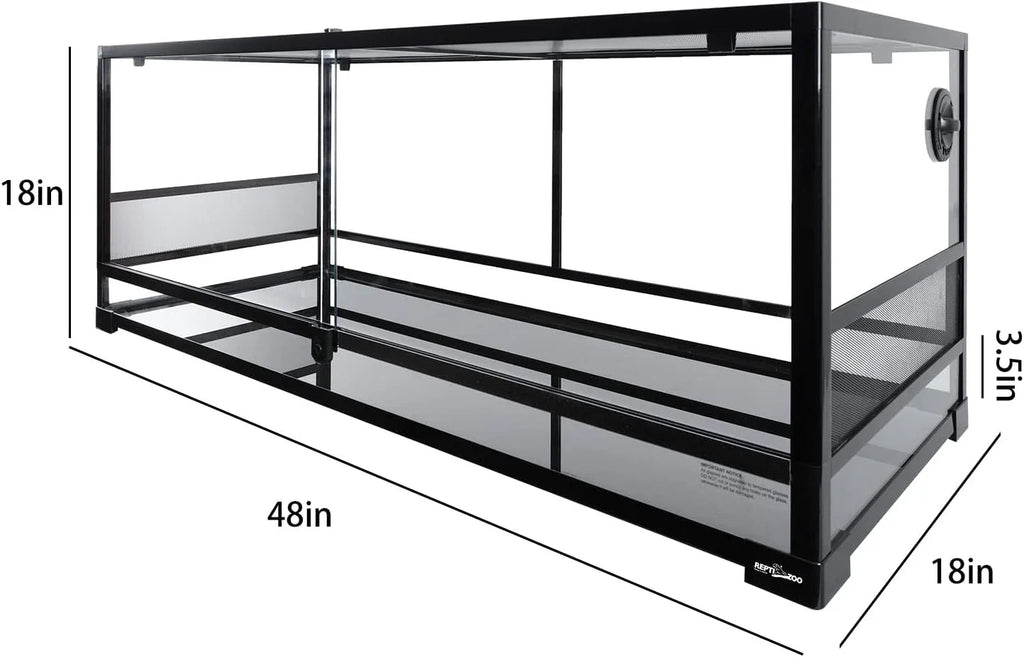 Large glass reptile terrarium, 48x18x18 inches, with mesh panels and sliding doors.
