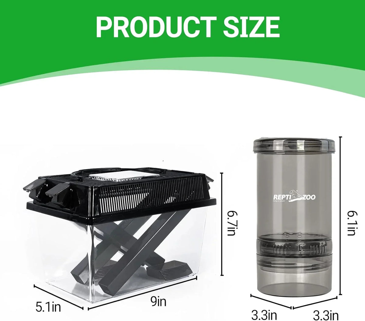 Reptile terrarium and feeding container with size dimensions displayed on white background