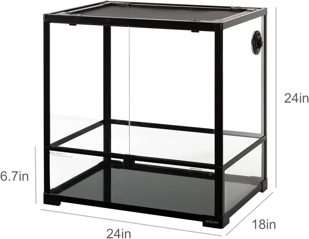 Glass reptile terrarium 24x18x24 inches with black metal frame and ventilation top