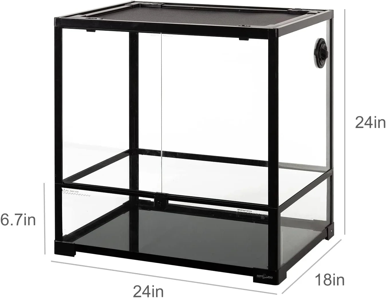 Glass reptile terrarium 24x18x24 inches with black metal frame and ventilation top