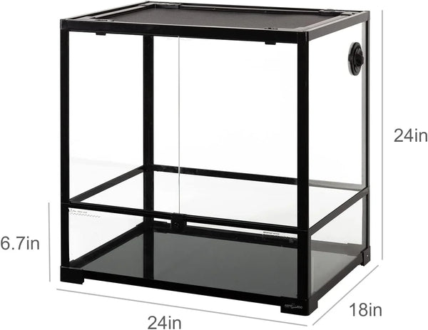 Glass reptile terrarium 24x18x24 inches with black metal frame and ventilation top