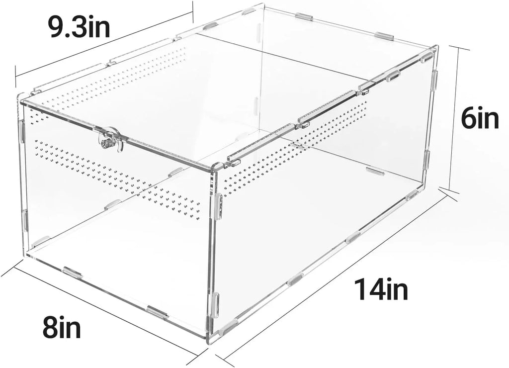 Clear acrylic reptile terrarium with ventilation holes, 14x9.3x8x6 inches, for small pets