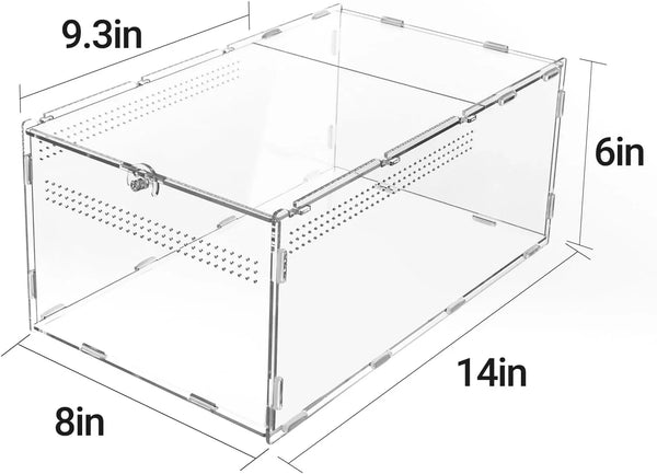 Clear acrylic reptile terrarium with ventilation holes, 14x9.3x8x6 inches, for small pets