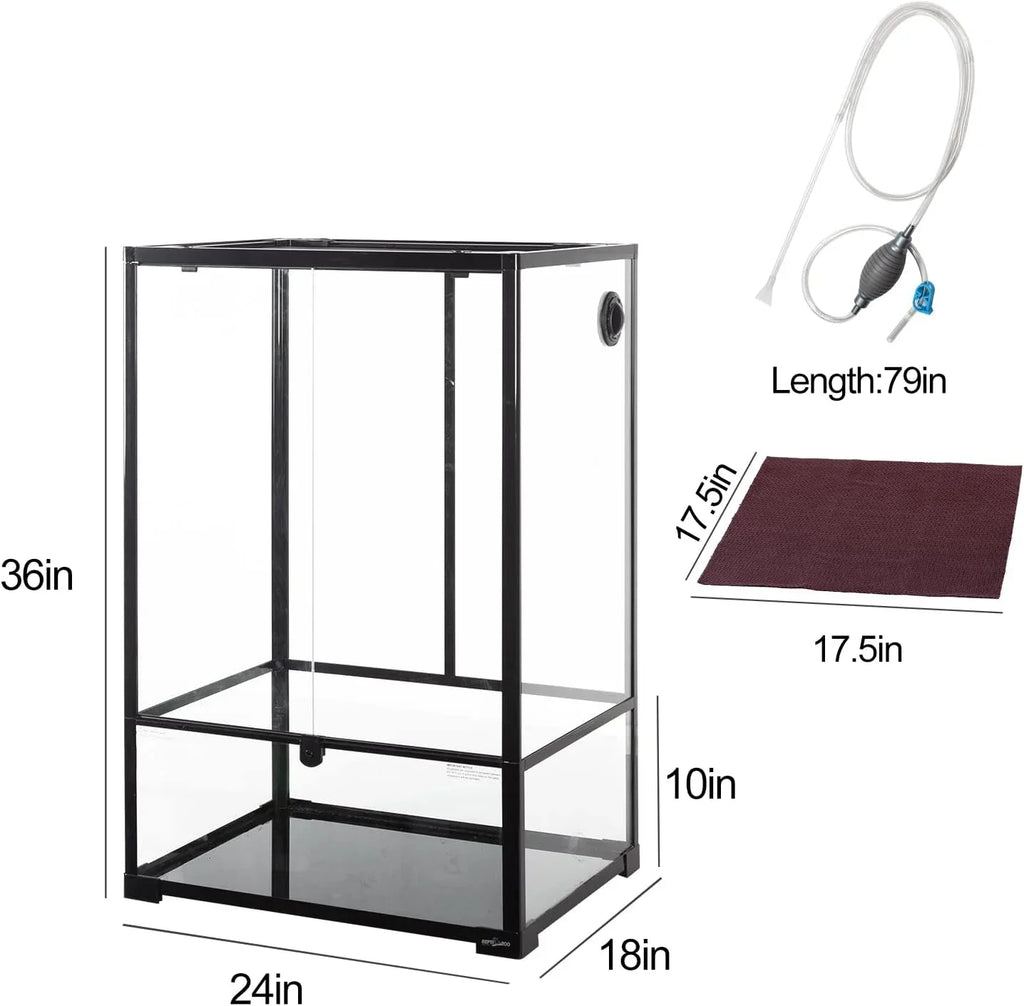 Large glass reptile terrarium with dimensions, cleaning hose, and substrate mat