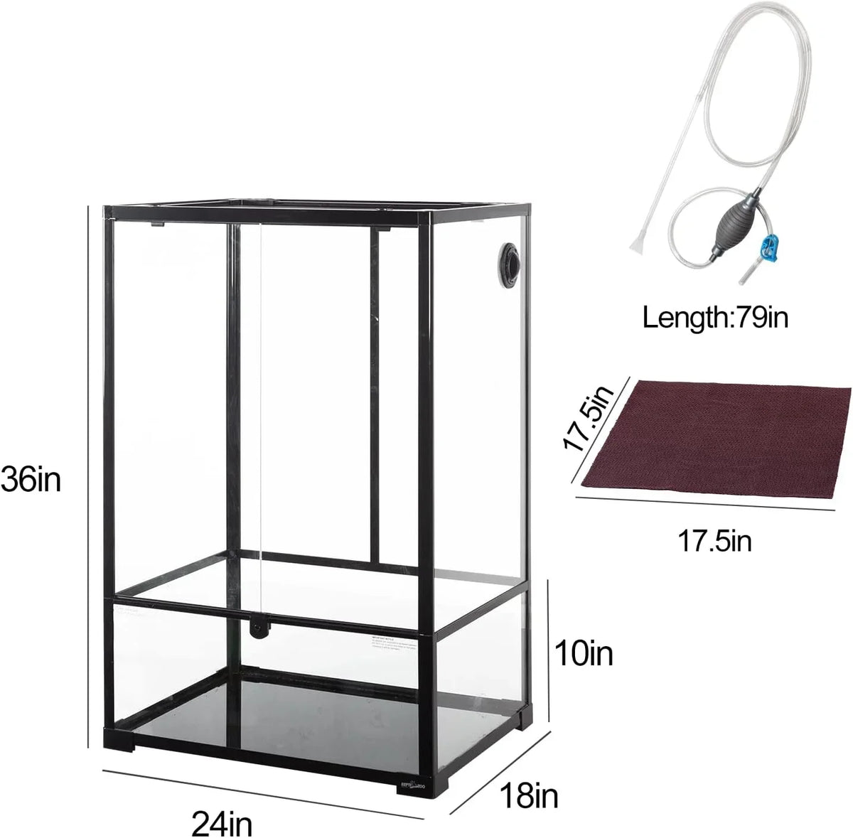 Large glass reptile terrarium with dimensions, cleaning hose, and substrate mat