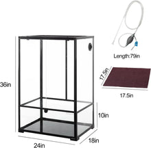 Load image into Gallery viewer, Glass reptile terrarium 36x24x18 inches with cleaning hose and mat, dimension labels visible.