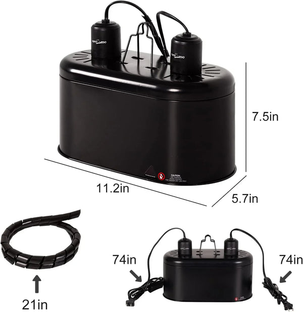 Black reptile fogger and humidifier with dual nozzles, dimensions and cord lengths labeled