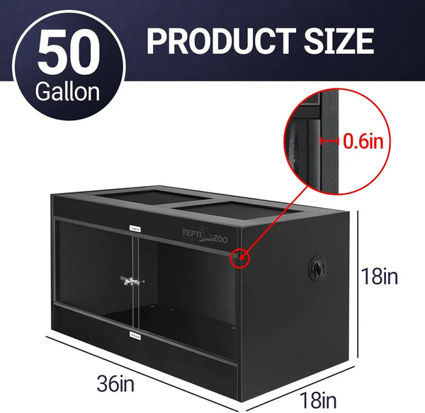 50 gallon reptile terrarium, black, glass front, 36x18x18 inches, 0.6 inch thick walls