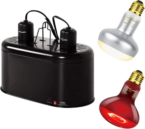Dual dome reptile lamp fixture with UVB and heat bulbs for terrarium lighting setup