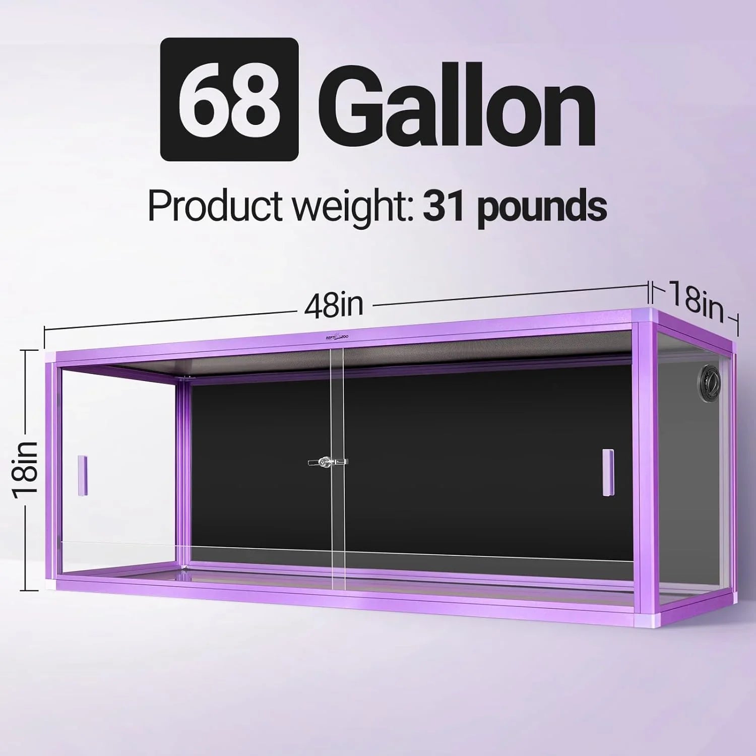 68 gallon reptile terrarium, 48x18x18 inches, glass enclosure with purple frame