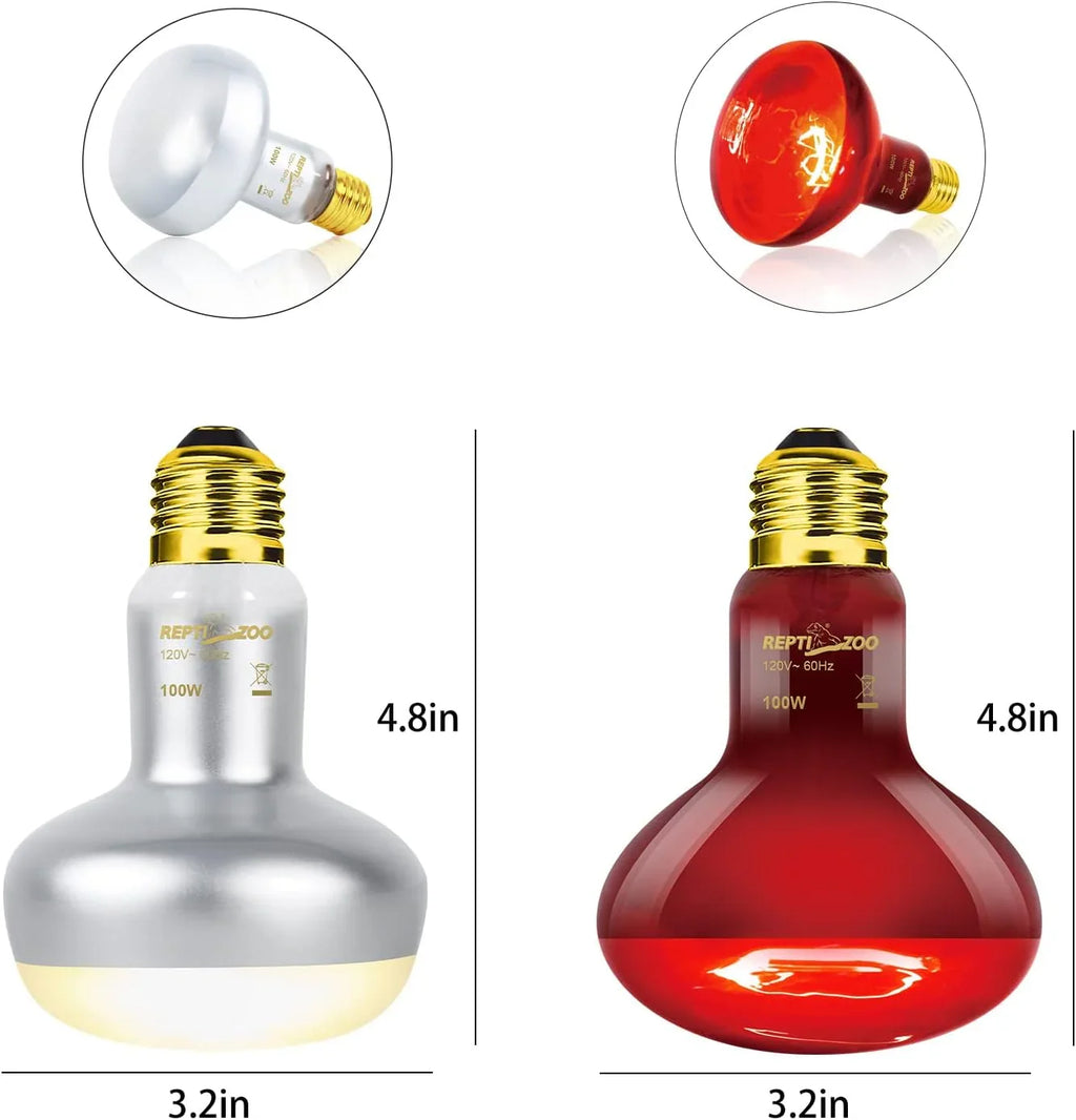 Two 100W reptile heat bulbs, white and red, with 4.8in height and 3.2in diameter.