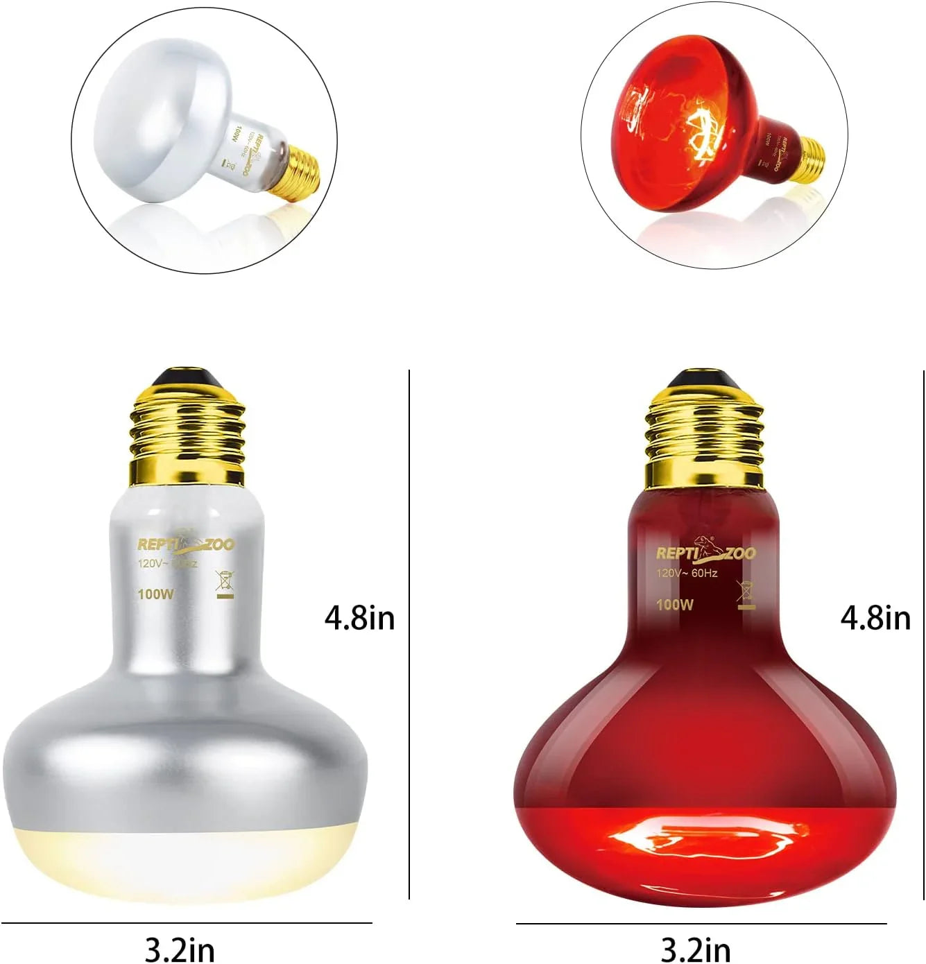 Two 100W reptile heat bulbs, white and red, with 4.8in height and 3.2in diameter.