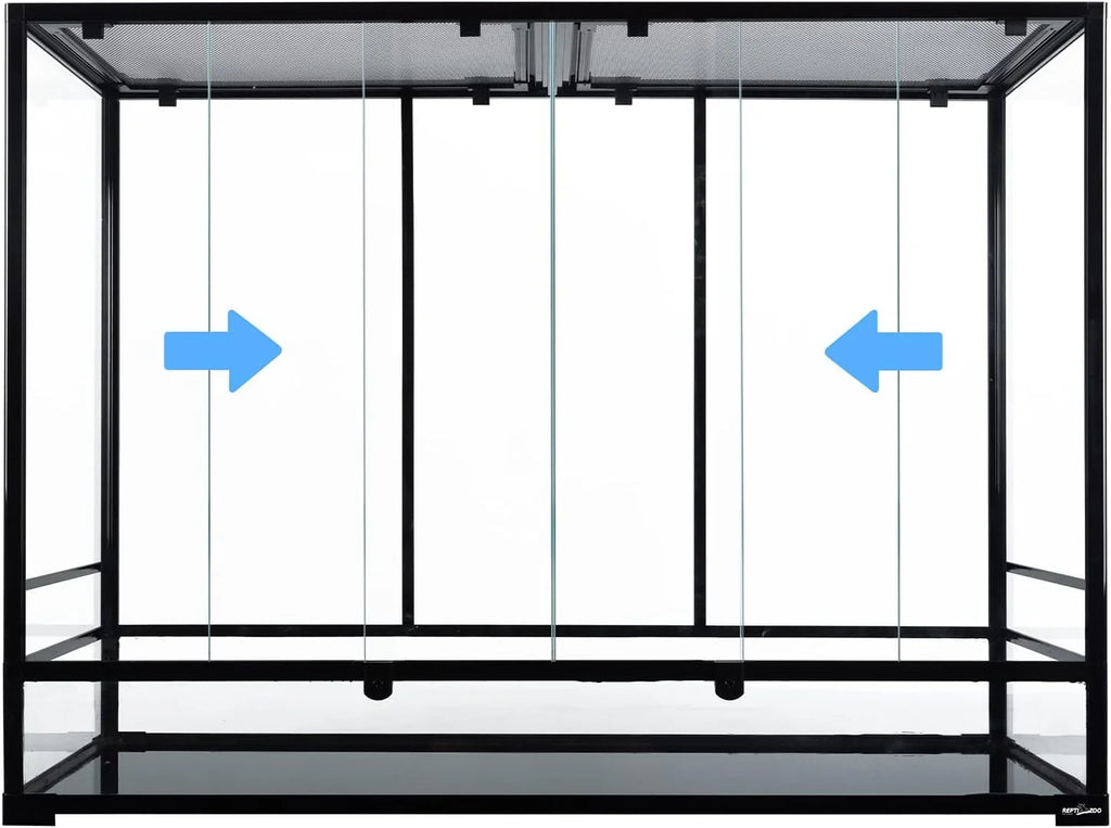 Glass reptile terrarium with sliding front doors and mesh top for ventilation