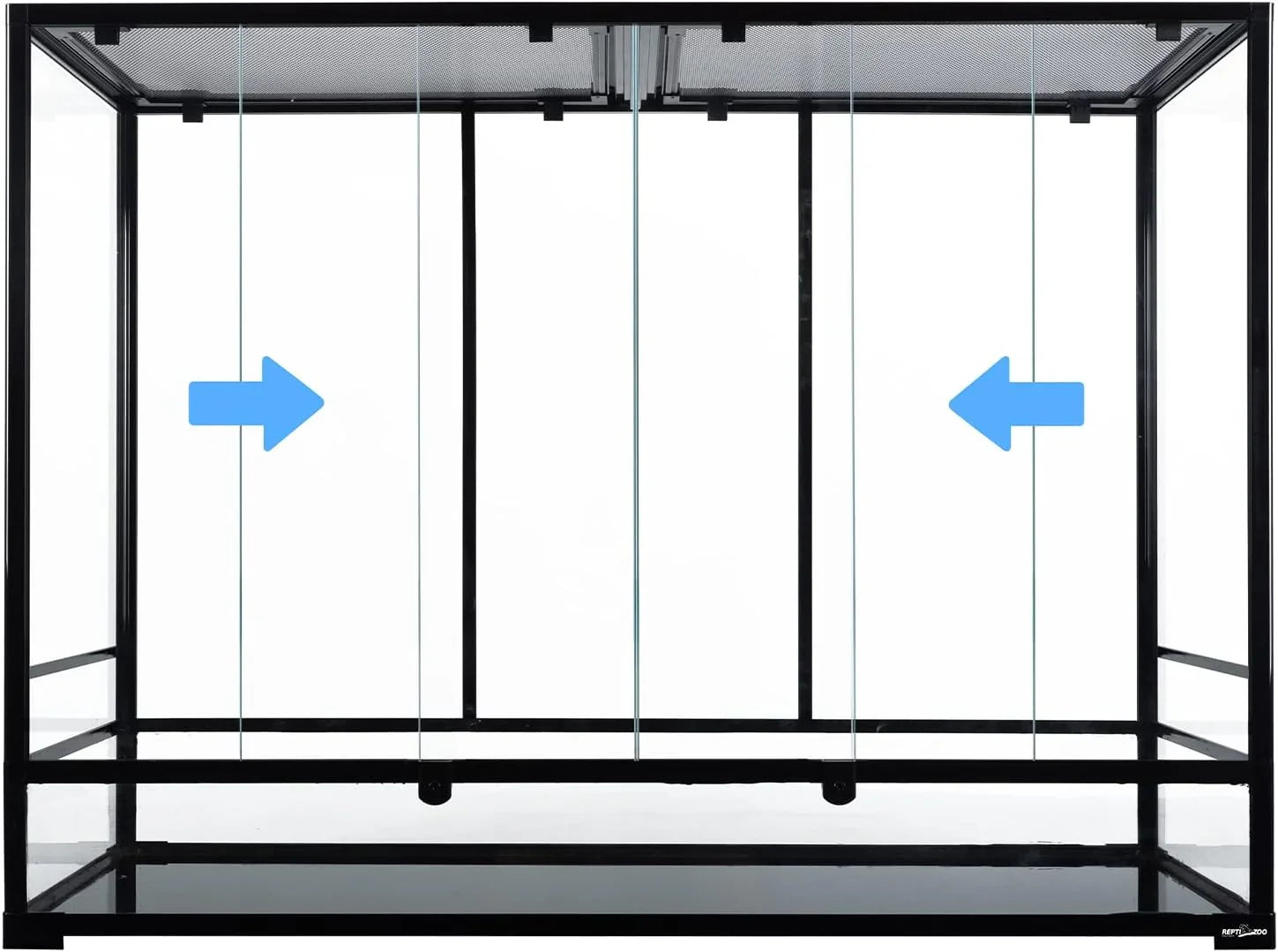 Glass reptile terrarium with sliding front doors and mesh top for ventilation